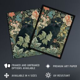 Artery8 Wall Art Print Black Cat In Flower Garden Blooms Teal Green Pink Art Nouveau Style Floral Painting Art Framed - Size: A4 - thumbnail 2