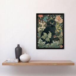 Artery8 Wall Art Print Black Cat In Flower Garden Blooms Teal Green Pink Art Nouveau Style Floral Painting Art Framed - Size: A4 - thumbnail 4