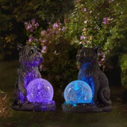 Marco Paul Cat & Dog Solar Garden Ornament with Crystal Balls Set in Grey - thumbnail 1
