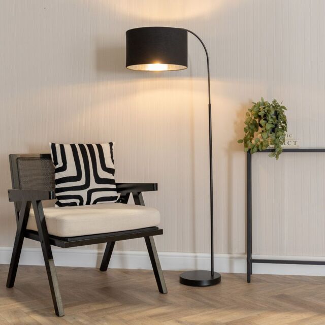 ValueLights Curva Black Arched Floor Lamp with Black Velvet & Chrome Inner Lamp Shade - image 1