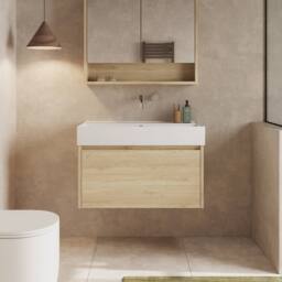 Banyetti Mino 800mm Wall Hung Vanity Unit with Veneto 0TH Basin- Natural Oak in Light Oak - thumbnail 1