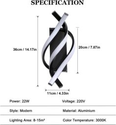 COMELY Modern LED Wall Light, 22W Black Spiral Aluminum LED Wall Lamp, 3000K - thumbnail 7