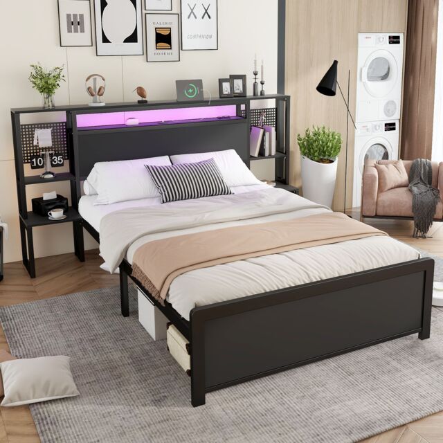 Matteo Metal Bed, Iron Bed, 4ft6 Double Bed With Multi-Color LED Strip Lights & Charging Port in Black - Size: Single Fitted - image 1