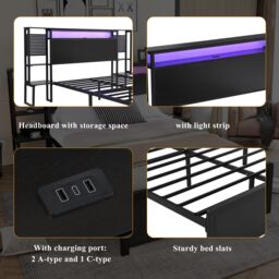 Matteo Metal Bed, Iron Bed, 4ft6 Double Bed With Multi-Color LED Strip Lights & Charging Port in Black - Size: Single Fitted - thumbnail 5