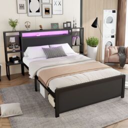 Matteo Metal Bed, Iron Bed, 4ft6 Double Bed With Multi-Color LED Strip Lights & Charging Port in Black - Size: Single Fitted - thumbnail 1