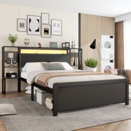 Matteo Metal Bed, Iron Bed, 4ft6 Double Bed With Multi-Color LED Strip Lights & Charging Port in Black - Size: Single Fitted - thumbnail 3