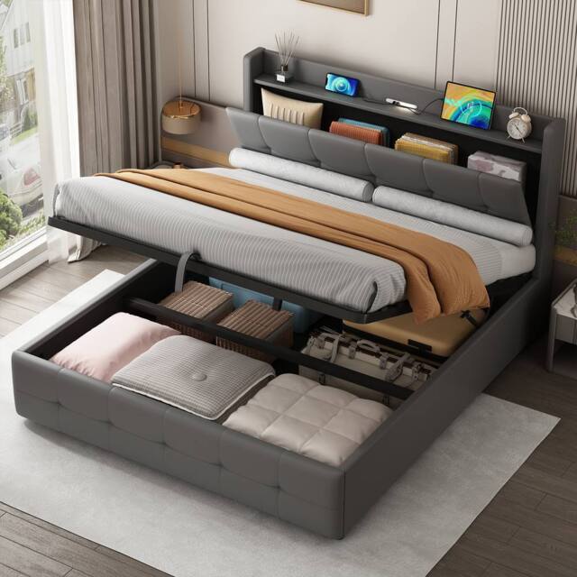 BTM Ottoman Bed Frame with Charging Station & LED Night Light in Grey - Size: King - image 1