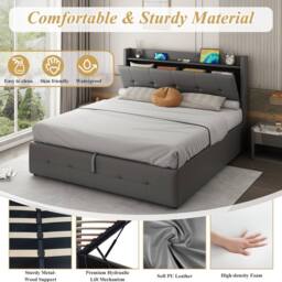 BTM Ottoman Bed Frame with Charging Station & LED Night Light in Grey - Size: King - thumbnail 5