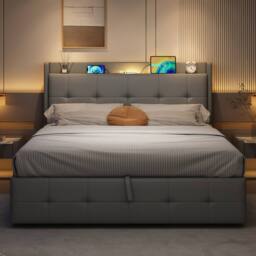 BTM Ottoman Bed Frame with Charging Station & LED Night Light in Grey - Size: King - thumbnail 2
