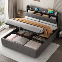 BTM Ottoman Bed Frame with Charging Station & LED Night Light in Grey - Size: King - thumbnail 1