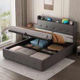 BTM Ottoman Bed Frame with Charging Station & LED Night Light in Grey - Size: King - thumbnail 4