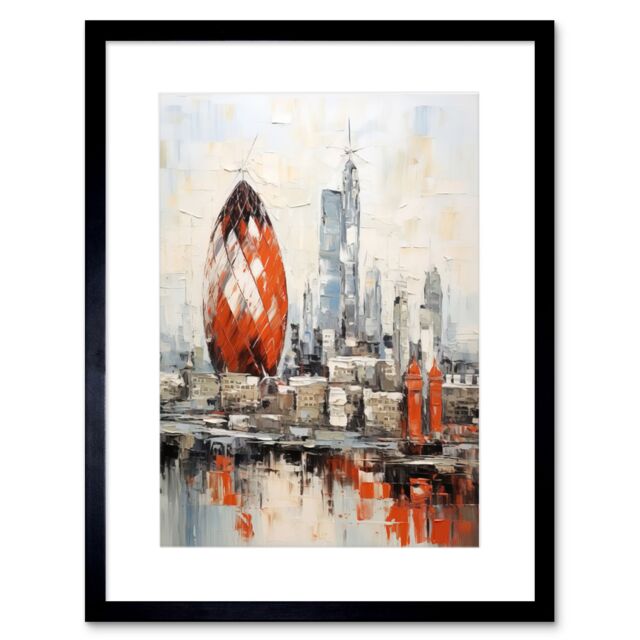 Artery8 Wall Art Print London Skyline Abstract Oil Painting Thick Paint Red Gherkin Building River Thames England City Artwork Framed 9X7 Inch - image 1