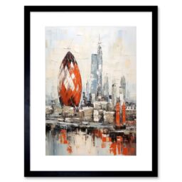 Artery8 Wall Art Print London Skyline Abstract Oil Painting Thick Paint Red Gherkin Building River Thames England City Artwork Framed 9X7 Inch - thumbnail 1