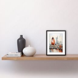 Artery8 Wall Art Print London Skyline Abstract Oil Painting Thick Paint Red Gherkin Building River Thames England City Artwork Framed 9X7 Inch - thumbnail 2