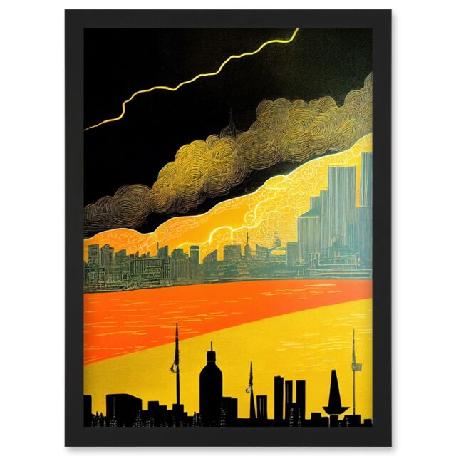 Artery8 Modern Black Yellow Orange Linocut London Skyline Cityscape Storm Lightning Artwork Framed Wall Art Print A4 - image 1
