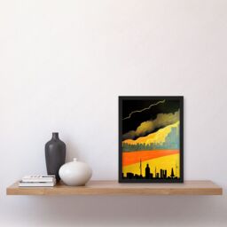 Artery8 Modern Black Yellow Orange Linocut London Skyline Cityscape Storm Lightning Artwork Framed Wall Art Print A4 - thumbnail 2