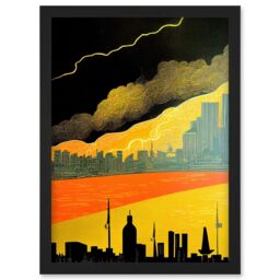 Artery8 Modern Black Yellow Orange Linocut London Skyline Cityscape Storm Lightning Artwork Framed Wall Art Print A4 - thumbnail 1