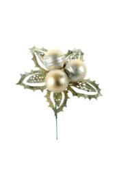 KDMD Champagne Bauble Pick with Leaves 12cm 5 Pack in Green