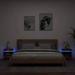 Berkfield Home Bedside Cabinets with LED Lights 2 pcs Smoked Oak 40x39x48.5 cm in Brown - thumbnail 2