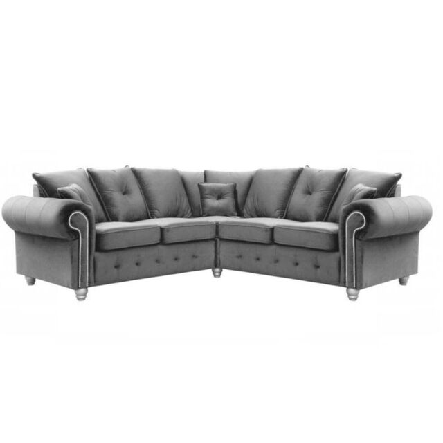Furnishings For Less UK Zoey Grey Plush Velvet Fabric 5 Seater L Shaped Corner Sofa Chesterfield Design - image 1