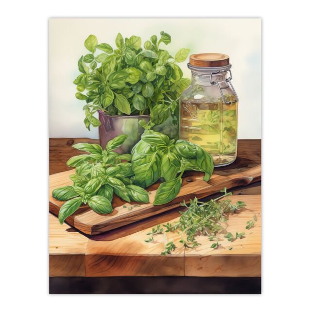 "Artery8 Country Kitchen Art Watercolour Basil Herb Still Life Study Painting Large Wall Art Poster Print Thick Paper 18X24 Inch - Size: W18"" x H24""" - image 1