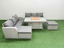 Fimous Outdoor Garden Furniture Sets 8 Seater Wicker Rattan Furniture Sofa Sets w/ Firepit Dining Table high Back Lounge Sofa 2 Big Footstool Light