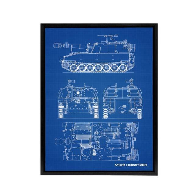 "Artery8 M109 Howitzer Artillery US Military Blueprint Framed Canvas Wall Art Print in Blue - Size: W12"" x H16""" - image 1
