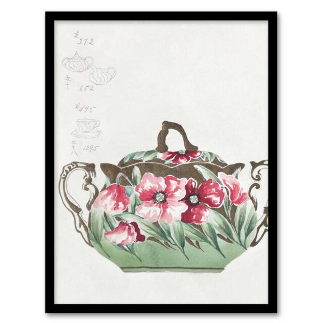 Artery8 Vintage Sugar Bowl Poppy Design Vintage Framed Wall Art Print Noritake in Green - Size: A4 - image 1