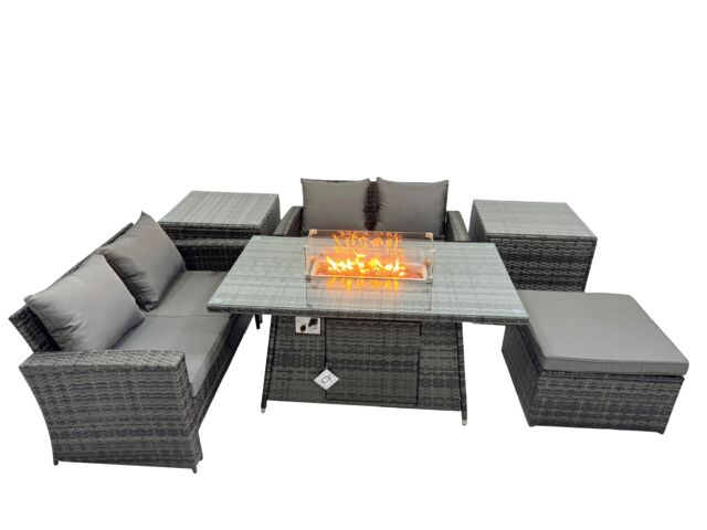 Fimous Outdoor Love Sofa Set 5 Seat & Gas Firpit Table Big Stool 2 Side Table in Dark Grey - image 1