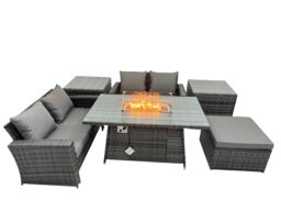 Fimous Outdoor Love Sofa Set 5 Seat & Gas Firpit Table Big Stool 2 Side Table in Dark Grey - thumbnail 1