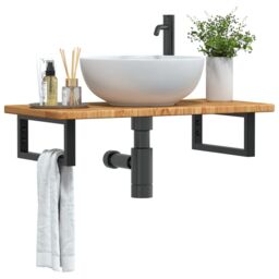 Berkfield Home Basin Shelf Wall Mounted Steel & Solid Wood Oak in Brown - thumbnail 1