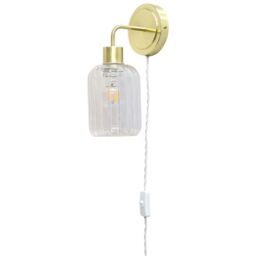 First Choice Lighting Toby - Satin Brass Plug in Wall Light with Lozenge Ribbed Glass Shade in Gold
