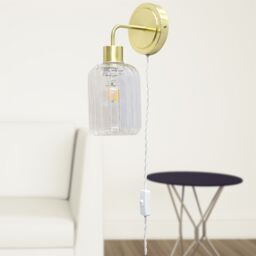 First Choice Lighting Toby - Satin Brass Plug in Wall Light with Lozenge Ribbed Glass Shade in Gold - thumbnail 4