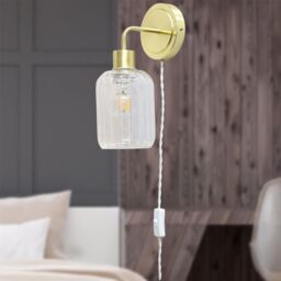 First Choice Lighting Toby - Satin Brass Plug in Wall Light with Lozenge Ribbed Glass Shade in Gold - thumbnail 3