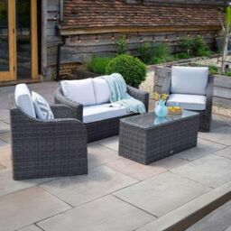 Primrose Living Classic Rattan 4 Seater Garden Furniture Sofa Set with Coffee Table in Stone in Grey - thumbnail 1