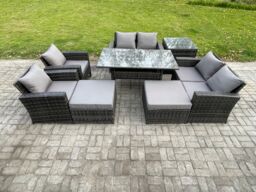Fimous Garden Furniture Sets 8 Pieces Rattan Furniture Handmade Wicker Patio Sofa Set with 2 Big Footstool Side Table Dark Grey Mixed - thumbnail 2