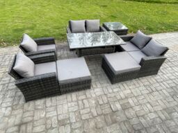 Fimous Garden Furniture Sets 8 Pieces Rattan Furniture Handmade Wicker Patio Sofa Set with 2 Big Footstool Side Table Dark Grey Mixed - thumbnail 1