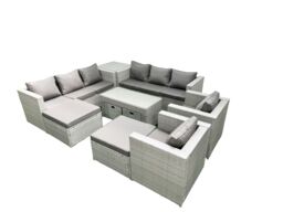 Fimous Rattan Garden Furniture Set Outdoor Lounger Sofa with Coffee Table 4 Footstools Side Table Light Grey Mixed - thumbnail 2
