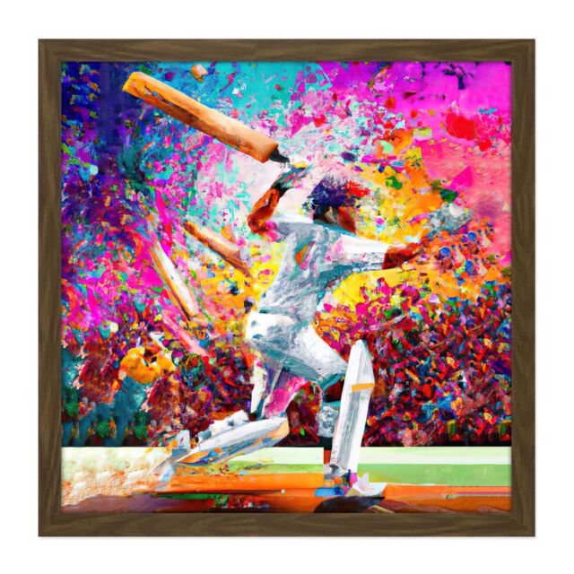 "Artery8 Wall Art Print Colourful Cricket Batsman Vibrant Modern Pink Splatter Oil Painting Square Framed Picture 16X16 Inch - Size: W16"" x H16""" - image 1