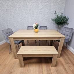 KOSY KOALA Oak Effect Dining Table With 4 Grey Velvet Chairs & Bench Dining Room Furniture in Brown - thumbnail 3