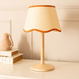 ValueLights Triston Natural Light Wood Stem Table Lamp with Scallop Trim Tapered Lamp Shade in Burnt Orange - thumbnail 5