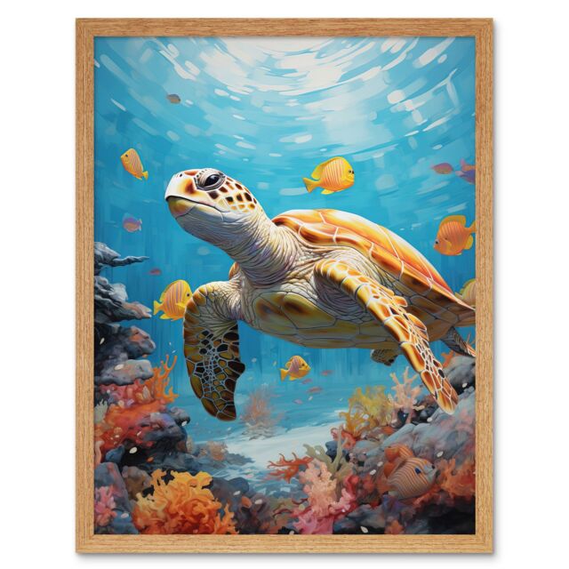Artery8 Wall Art Print Loggerhead Sea Turtle in Coral Reef Bright Detailed Artwork Caretta Swimming with Yellow Striped Fish Art Framed - image 1