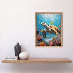 Artery8 Wall Art Print Loggerhead Sea Turtle in Coral Reef Bright Detailed Artwork Caretta Swimming with Yellow Striped Fish Art Framed - thumbnail 2