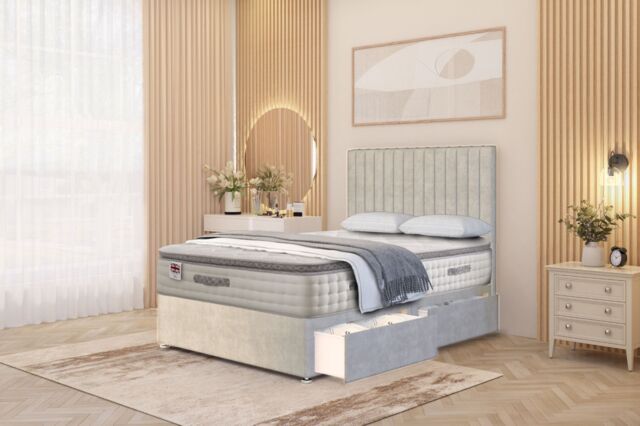 "Somnior Eleanor Plush 2 Drawer Divan Bed Set with Pillowtop & 54"" Headboard in Silver - Size: Super King" - image 1