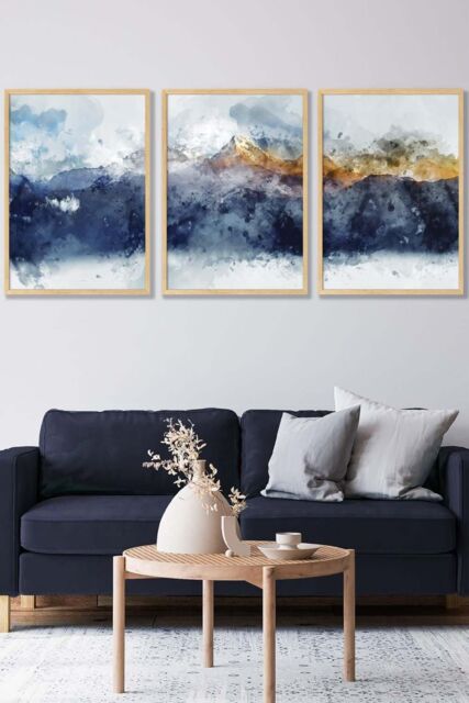 ARTZE Abstract Navy Blue & Yellow Mountains Framed Wall Art - Large in Light Oak - Size: W53 cm x H73 cm x D20mm - image 1