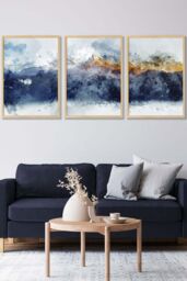 ARTZE Abstract Navy Blue & Yellow Mountains Framed Wall Art - Large in Light Oak - Size: W53 cm x H73 cm x D20mm