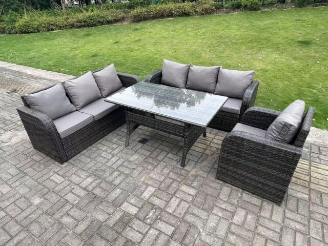 Fimous 7 Seater Dark Grey PE Rattan Garden Furniture Set Reclining Chair Lounge Sofa 3 Seater Sofa Set Dining Table - image 1