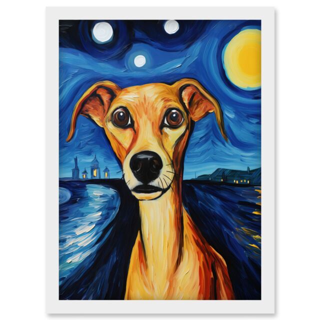 Artery8 Wall Art Print Van Goghs Dog Artwork Night Scene Full Moon Blue Brown Yellow Oil Painting Artwork Framed A4 in White - image 1