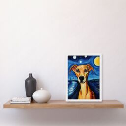 Artery8 Wall Art Print Van Goghs Dog Artwork Night Scene Full Moon Blue Brown Yellow Oil Painting Artwork Framed A4 in White - thumbnail 2