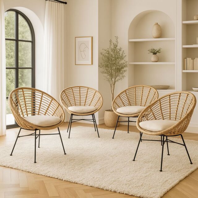 Home Republic Natural Rattan Garden Chair with Cushion for Outdoor or Indoor Use - Pack of 4 - Size: 26.4L
